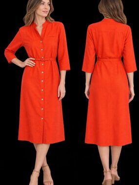 Vintage TAO silk Orange red Button-Front Belted Midi Dress size 8 lined belted